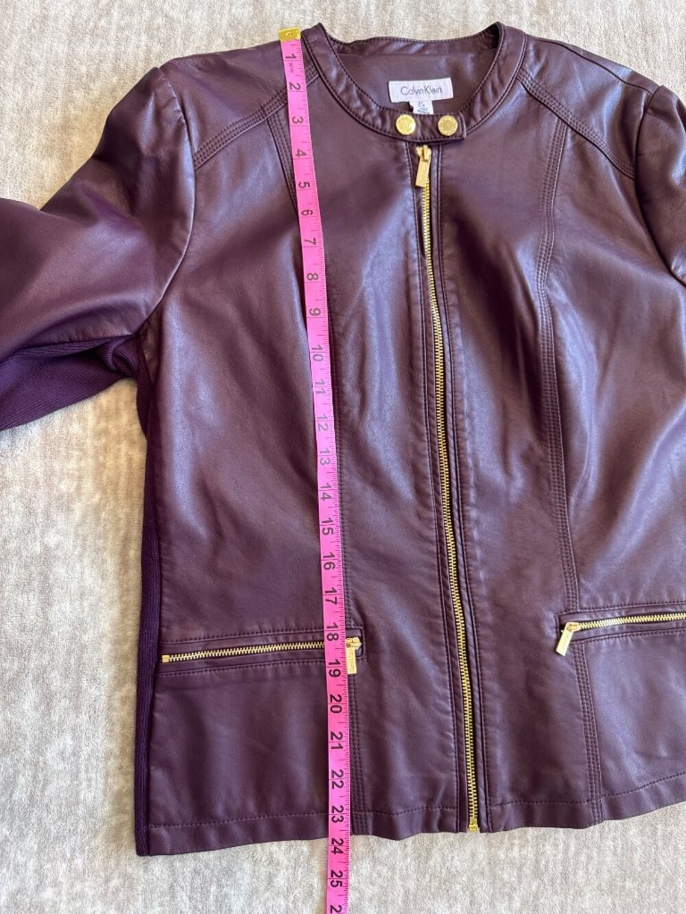 Calvin Klein Merlot Faux Leather Jacket Gold Zippers Women's Large NWT - Picture 6 of 8